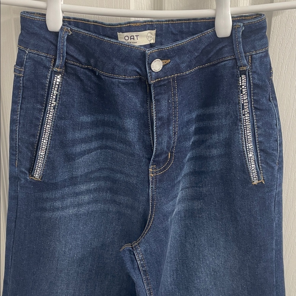 Oak New York High Waist Wide Leg Rhinestone Pocket Dark Wash Denim Jeans Sz 2/26 - Picture 2 of 16